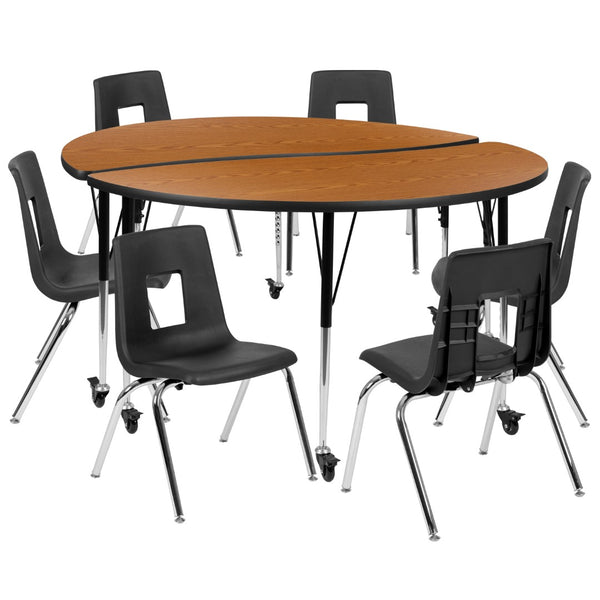 English Elm Commercial Grade Mobile 60" Circle Wave Flexible Laminate Activity Table Set with 18" Student Stack Chairs, /Black
