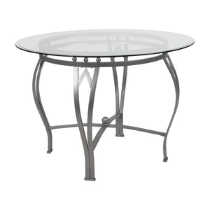 English Elm 42'' Round Glass Dining Table with Silver Metal Frame