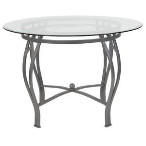 English Elm 42'' Round Glass Dining Table with Silver Metal Frame