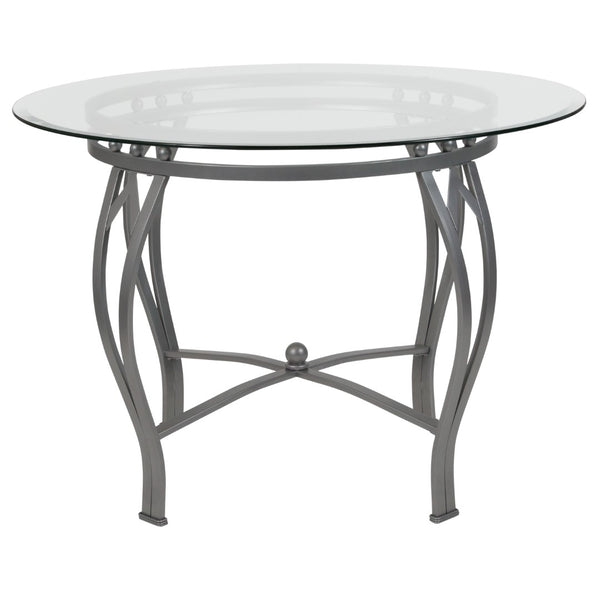 English Elm 42'' Round Glass Dining Table with Silver Metal Frame