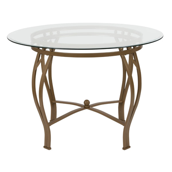 English Elm 42'' Round Glass Dining Table with Matte Metal Frame