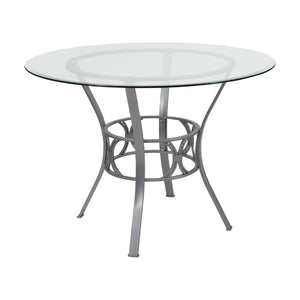 English Elm 42'' Round Glass Dining Table with Silver Metal Frame