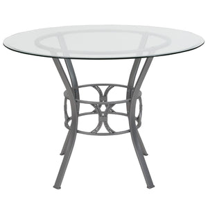 English Elm 42'' Round Glass Dining Table with Silver Metal Frame