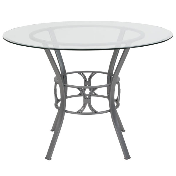 English Elm 42'' Round Glass Dining Table with Silver Metal Frame