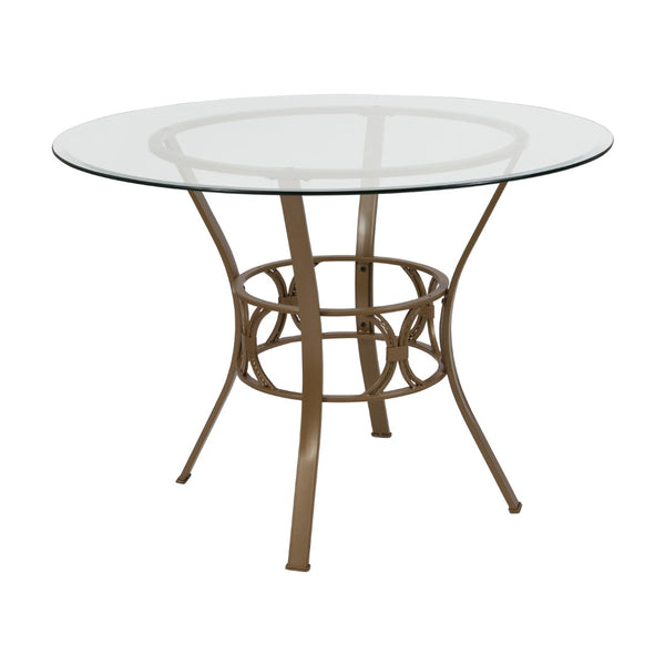 English Elm 42'' Round Glass Dining Table with Matte Metal Frame