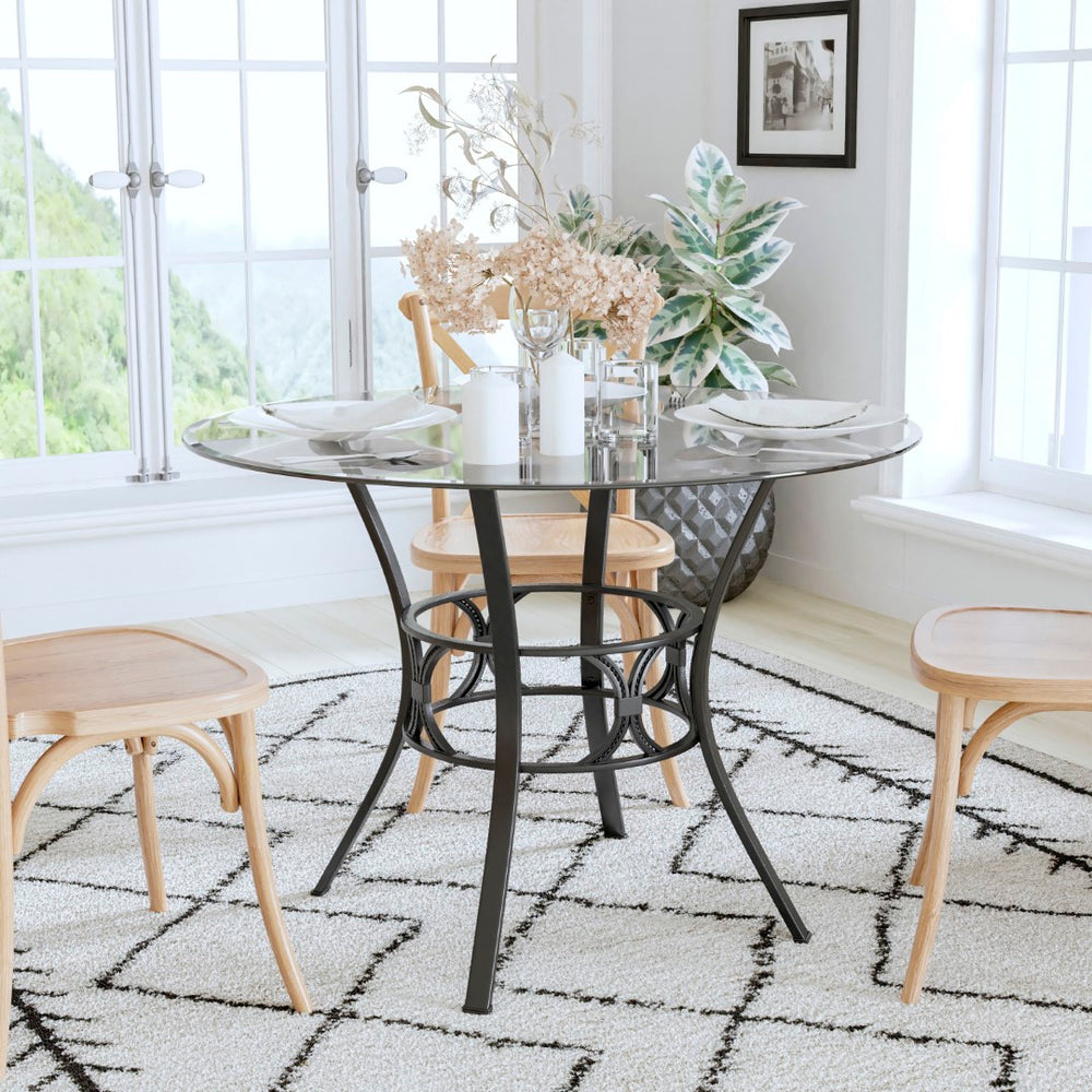 English Elm 42'' Round Glass Dining Table with Metal Frame