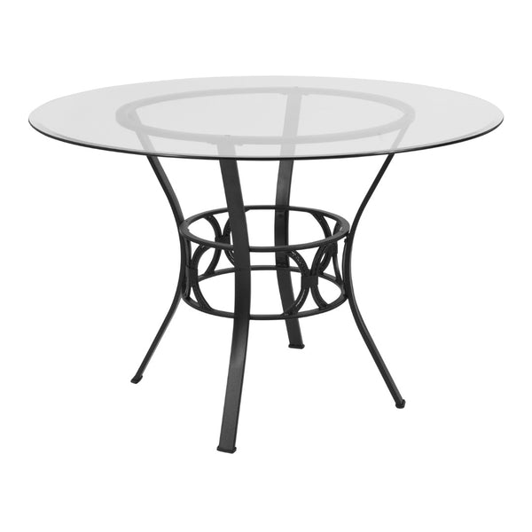 English Elm 45'' Round Glass Dining Table with Metal Frame