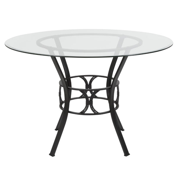 English Elm 45'' Round Glass Dining Table with Metal Frame