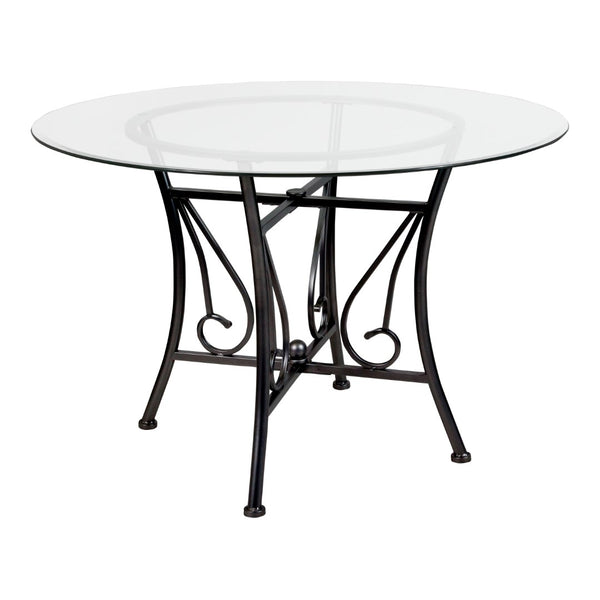 English Elm 45'' Round Glass Dining Table with Metal Frame