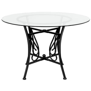 English Elm 45'' Round Glass Dining Table with Metal Frame