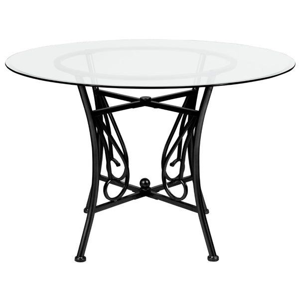 English Elm 45'' Round Glass Dining Table with Metal Frame