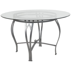 English Elm 48'' Round Glass Dining Table with Silver Metal Frame
