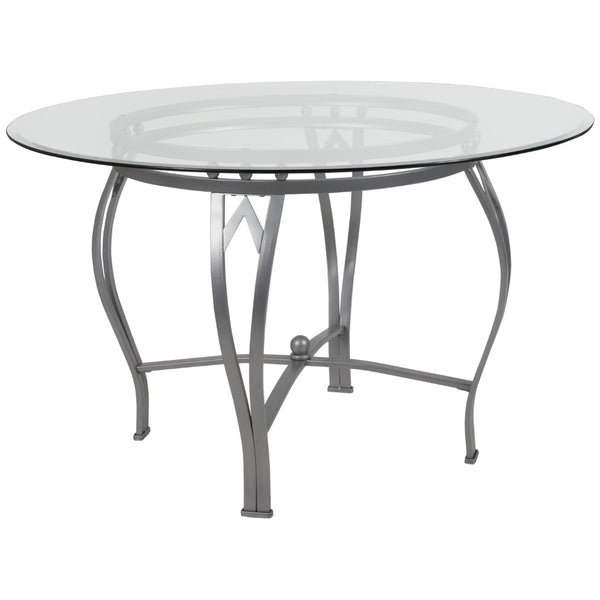 English Elm 48'' Round Glass Dining Table with Silver Metal Frame