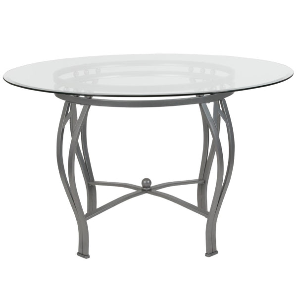 English Elm 48'' Round Glass Dining Table with Silver Metal Frame