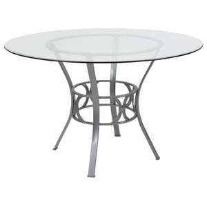 English Elm 48'' Round Glass Dining Table with Silver Metal Frame