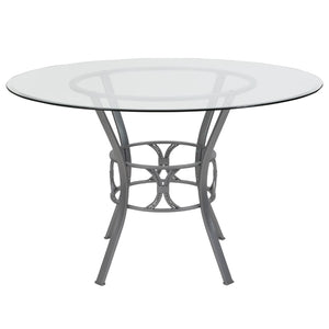 English Elm 48'' Round Glass Dining Table with Silver Metal Frame