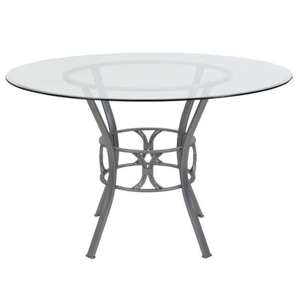 English Elm 48'' Round Glass Dining Table with Silver Metal Frame