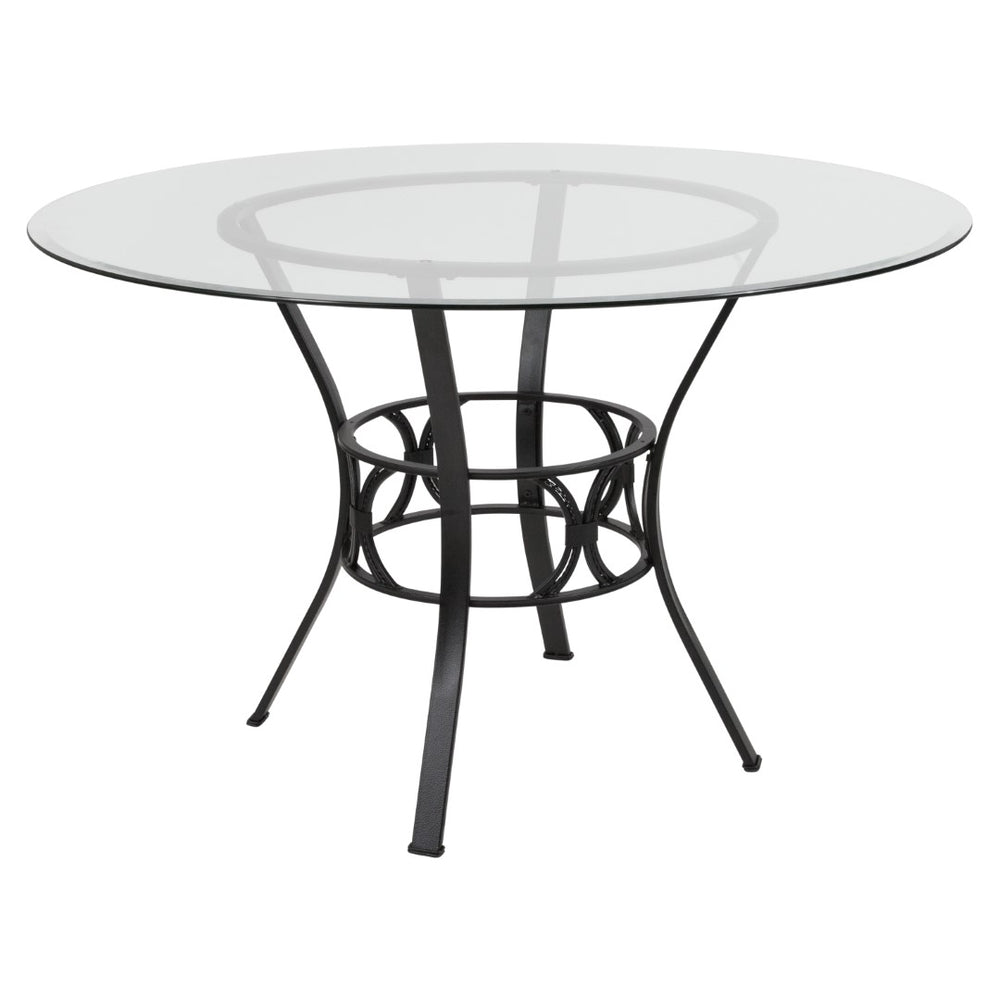 English Elm 48'' Round Glass Dining Table with Metal Frame