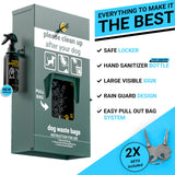 English Elm Commercial Grade Locking Dog Waste Bag Dispenser with Glow in the Dark Sign, Hand Sanitizer Bottle and Rain Guard - 400 Pull Out Header Bags Included