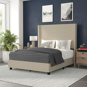 English Elm Full Upholstered Platform Bed with Channel Stitched Wingback Headboard, Mattress Foundation with Slatted Supports, No Box Spring Needed,