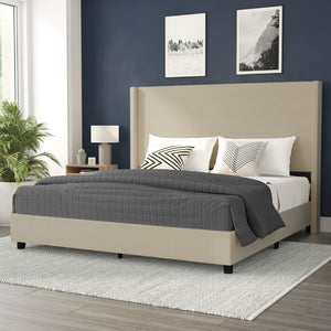 English Elm King Upholstered Platform Bed with Channel Stitched Wingback Headboard, Mattress Foundation with Slatted Supports, No Box Spring Needed,