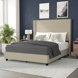 English Elm Queen Upholstered Platform Bed with Channel Stitched Wingback Headboard, Mattress Foundation with Slatted Supports, No Box Spring Needed,