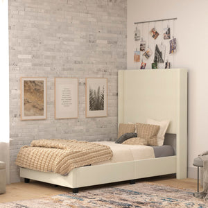 English Elm Twin Upholstered Platform Bed with Channel Stitched Wingback Headboard, Mattress Foundation with Slatted Supports, No Box Spring Needed,