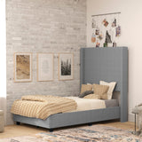 English Elm Twin Upholstered Platform Bed with Channel Stitched Wingback Headboard, Mattress Foundation with Slatted Supports, No Box Spring Needed,