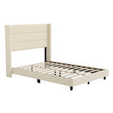 English Elm Full Upholstered Platform Bed with Wingback Headboard, Mattress Foundation with Slatted Supports, No Box Spring Needed, Faux Linen