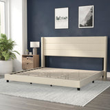 English Elm King Upholstered Platform Bed with Wingback Headboard, Mattress Foundation with Slatted Supports, No Box Spring Needed, Faux Linen