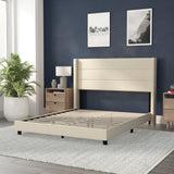 English Elm Queen Upholstered Platform Bed with Wingback Headboard, Mattress Foundation with Slatted Supports, No Box Spring Needed, Faux Linen