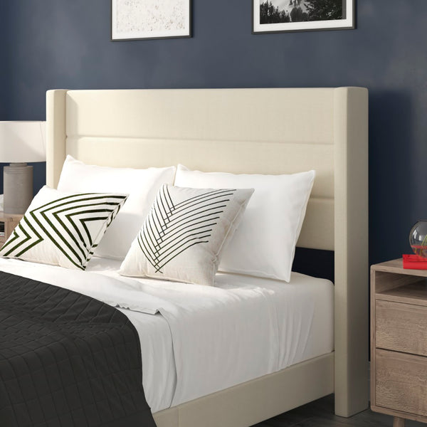 English Elm Queen Upholstered Platform Bed with Wingback Headboard, Mattress Foundation with Slatted Supports, No Box Spring Needed, Faux Linen