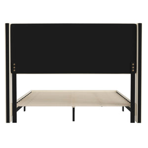 English Elm Queen Upholstered Platform Bed with Wingback Headboard, Mattress Foundation with Slatted Supports, No Box Spring Needed, Faux Linen