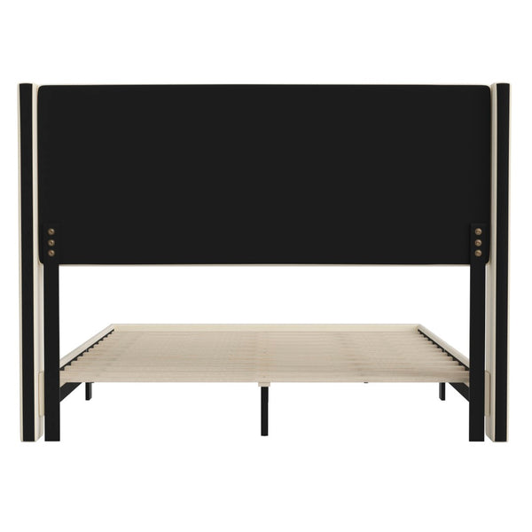 English Elm Queen Upholstered Platform Bed with Wingback Headboard, Mattress Foundation with Slatted Supports, No Box Spring Needed, Faux Linen