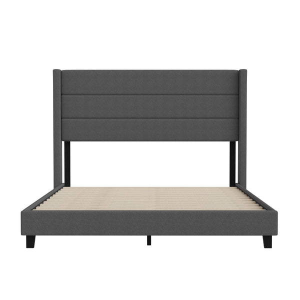 English Elm Queen Upholstered Platform Bed with Wingback Headboard, Mattress Foundation with Slatted Supports, No Box Spring Needed, Faux Linen