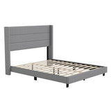 English Elm Queen Upholstered Platform Bed with Wingback Headboard, Mattress Foundation with Slatted Supports, No Box Spring Needed, Faux Linen