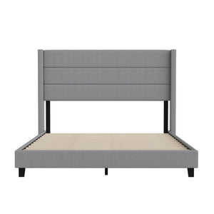 English Elm Queen Upholstered Platform Bed with Wingback Headboard, Mattress Foundation with Slatted Supports, No Box Spring Needed, Faux Linen
