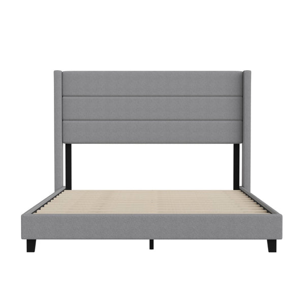 English Elm Queen Upholstered Platform Bed with Wingback Headboard, Mattress Foundation with Slatted Supports, No Box Spring Needed, Faux Linen