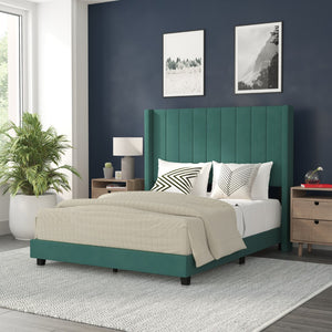 English Elm Full Upholstered Platform Bed with Vertical Stitched Wingback Headboard, Slatted Mattress Foundation, No Box Spring Needed,