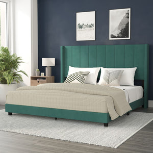 English Elm King Upholstered Platform Bed with Vertical Stitched Wingback Headboard, Slatted Mattress Foundation, No Box Spring Needed,