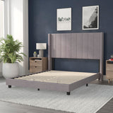 English Elm Queen Upholstered Platform Bed with Vertical Stitched Wingback Headboard, Slatted Mattress Foundation, No Box Spring Needed,