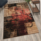 English Elm Abstract 5' x 7' Warm Beige, , and Red Olefin Area Rug with Jute Backing, Living Room, Bedroom