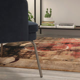 English Elm Abstract 5' x 7' Warm Beige, , and Red Olefin Area Rug with Jute Backing, Living Room, Bedroom