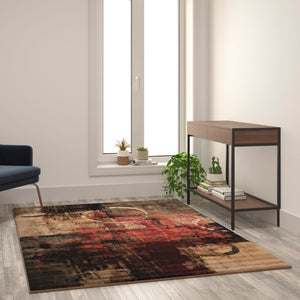 English Elm Abstract 5' x 7' Warm Beige, , and Red Olefin Area Rug with Jute Backing, Living Room, Bedroom