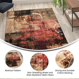 English Elm Abstract 6' x 9' Warm Beige, , and Red Olefin Area Rug with Jute Backing, Living Room, Bedroom