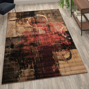 English Elm Abstract 6' x 9' Warm Beige, , and Red Olefin Area Rug with Jute Backing, Living Room, Bedroom