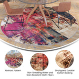 English Elm Abstract 8' x 8' Round Warm Beige, , and Red Olefin Area Rug with Jute Backing, Living Room, Bedroom