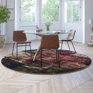 English Elm Abstract 8' x 8' Round Warm Beige, , and Red Olefin Area Rug with Jute Backing, Living Room, Bedroom