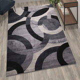 English Elm Geometric 5' x 7' Black and Olefin Area Rug with Jute Backing, Living Room, Bedroom