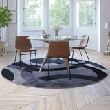 English Elm Geometric 5' x 5' Black and Round Olefin Area Rug with Jute Backing, Living Room, Bedroom